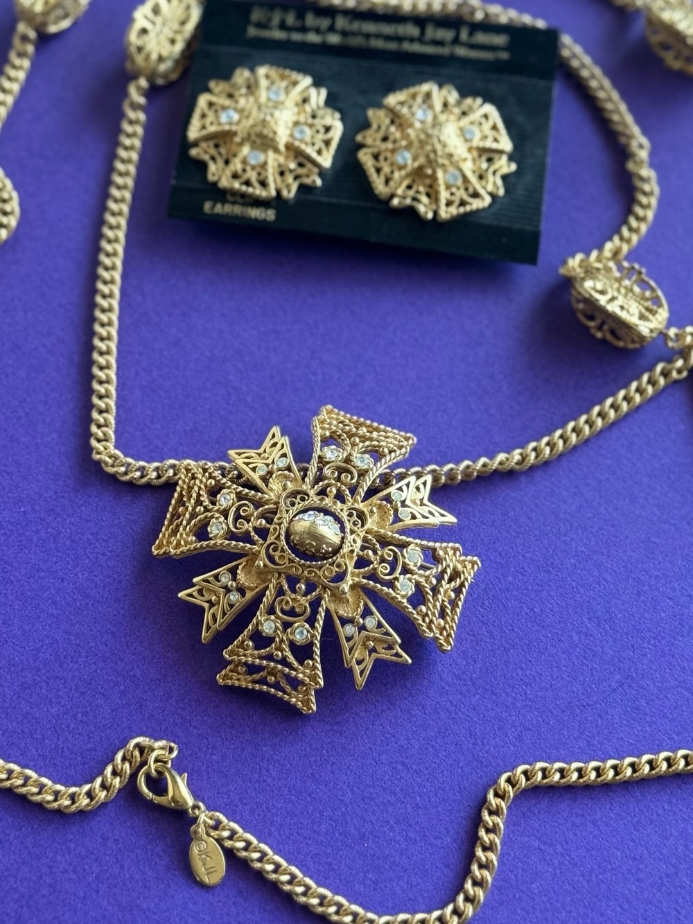 Kenneth Jay Lane Gold Filigree Cross Necklace & Earrings Set - Picture 6 of 6